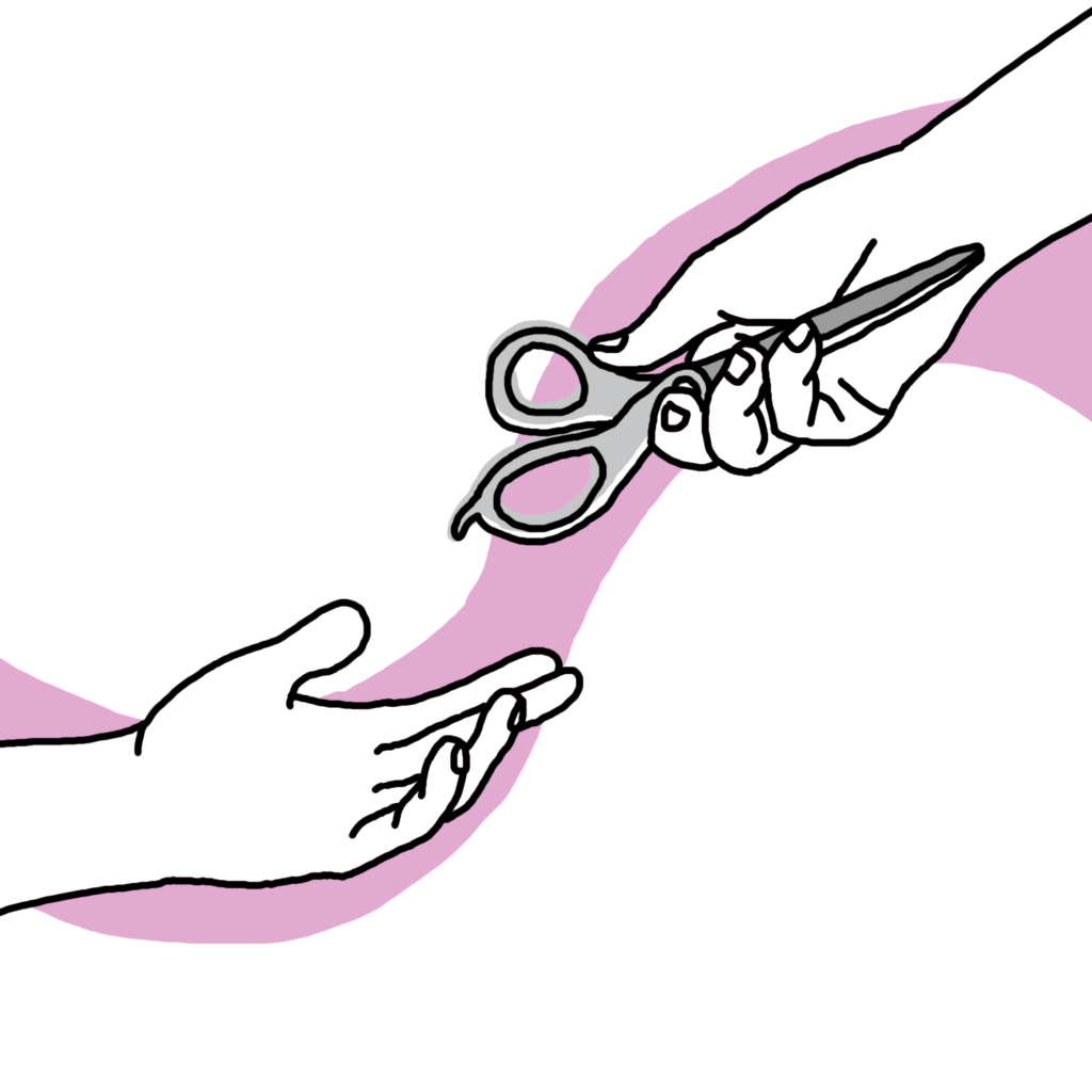 An illustration of one hand passing another hand a pair of scissors. The hands are transparent and outlined in black, set against a light purple ribbon background.