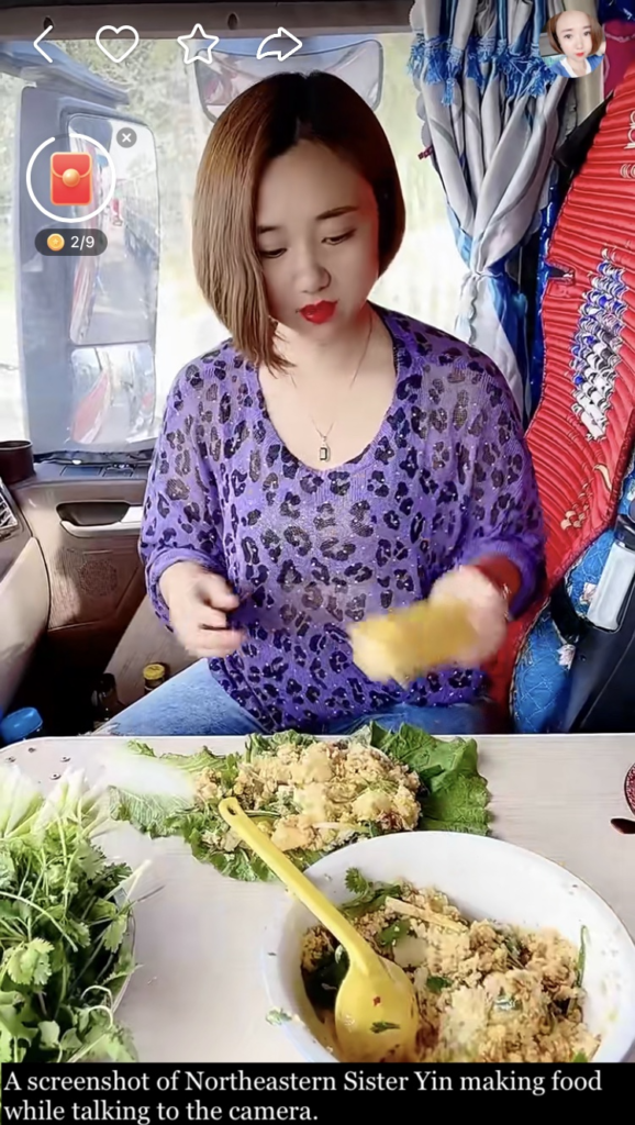 A screenshot of Northeastern Sister Yin making food while talking to the camera.