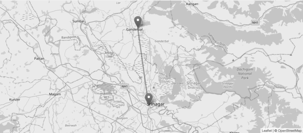A screenshot from OpenStreetMap that shows a line of travel between Ganderbal and Srinagar.