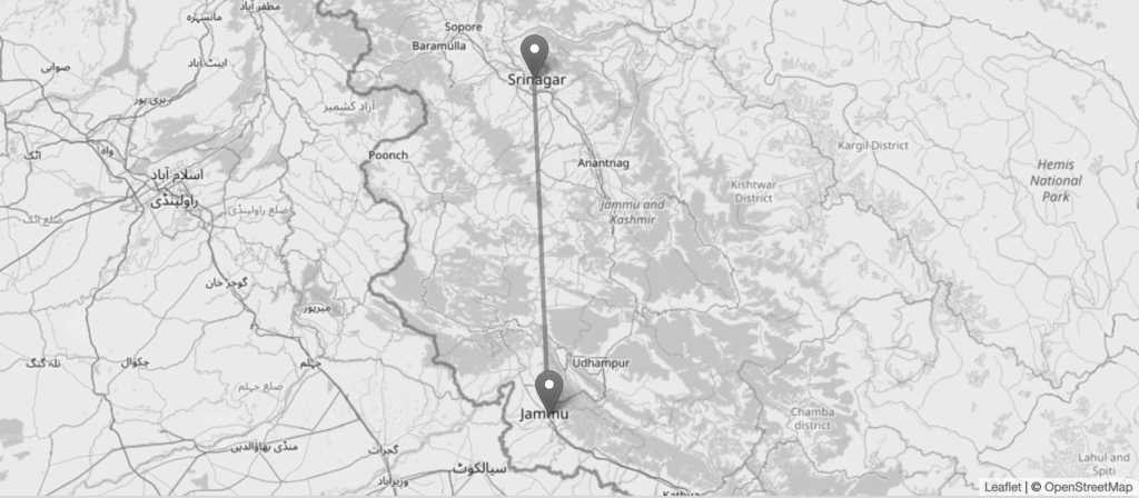 A screenshot from OpenStreetMap that shows a line of travel between Srinagar and Jammu.
