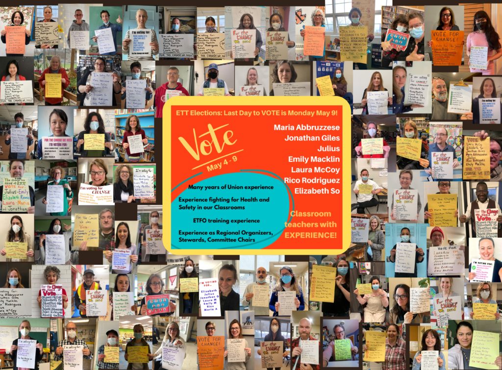 A collage of election supporters holding signs. A red block in the centre of the image features candidates' names and information about the ways they're experienced.