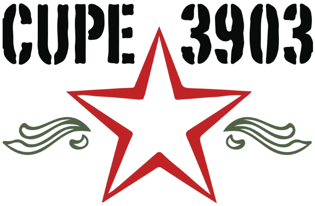 The CUPE 3903 logo, a red star with green wings or curlicues on each side, with the union name on top in black stencil print.