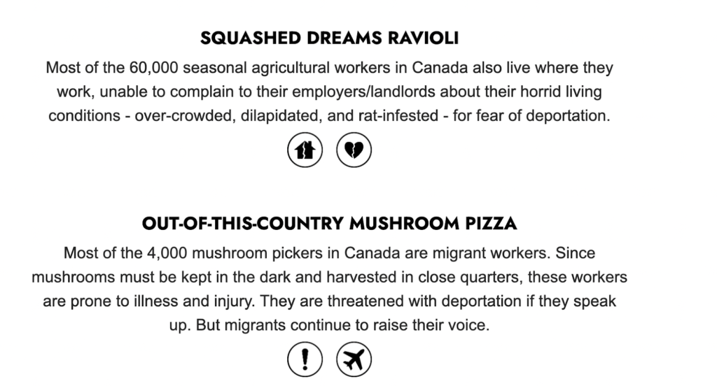 A image displays menu items "Squashed Dreams Ravioli" and "Out-Of-This-Country Mushroom Pizza," along with descriptions of migrant workers' horrid working and living conditions.