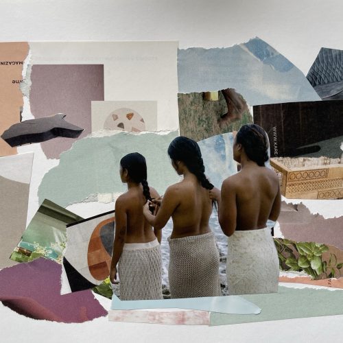 A collage. Three dark-skinned and dark-haired femme people, seen from behind, naked from the waist up and wearing white mesh skirts, braid each other's hair, one standing behind the other. Torn-edge scraps of pages from magazines and possibly from books, many of them light-coloured, with blue and earth tones, form the collage's background.